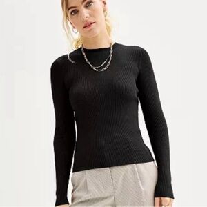 Nine West Black Fitted Ribbed Long Sleeve Blouse